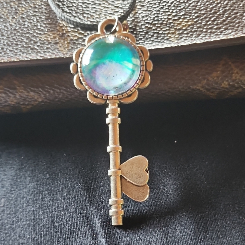 Hand Crafted Gold and Teal Key Pendant Necklace